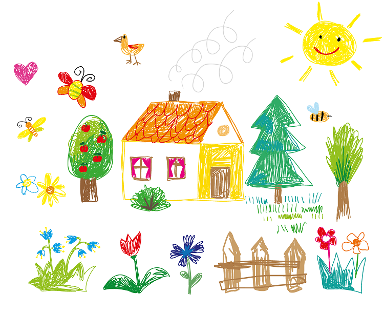 Un dessin d'enfant d'une maison entourée d'arbres et de fleurs.
