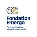 deux dessins de visages joyeux s'entrecroisent Texte Fondation Emergo, parce que l'autisme ne prend pas de pause