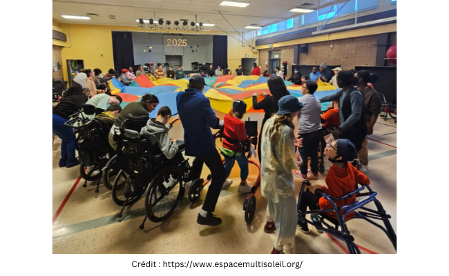 personnes en situation de handicap tous en rond pour jouer à un jeu avec un grand tissu de couleur